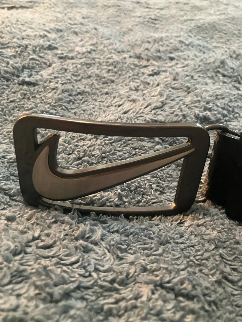 Nike Silver Swoosh Rectangular Buckle Black Belt